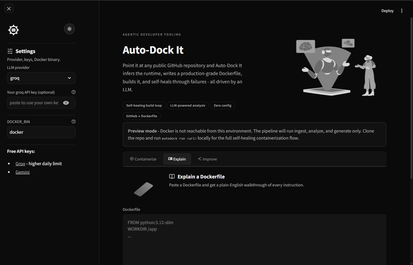 Auto-Dock It Explain tab giving a line-by-line walkthrough of a generated Dockerfile