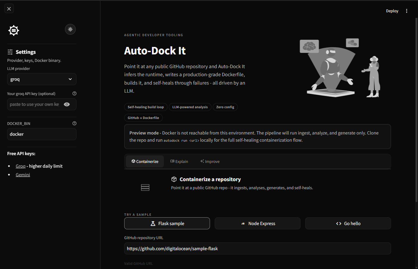 Auto-Dock It with a Flask sample repository selected and the URL validated, ready to containerize