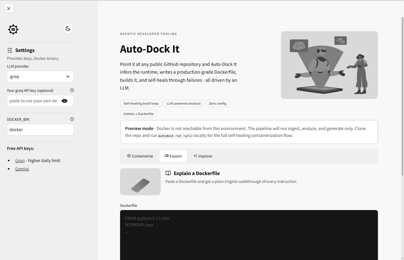Auto-Dock It Explain tab giving a line-by-line walkthrough of a generated Dockerfile