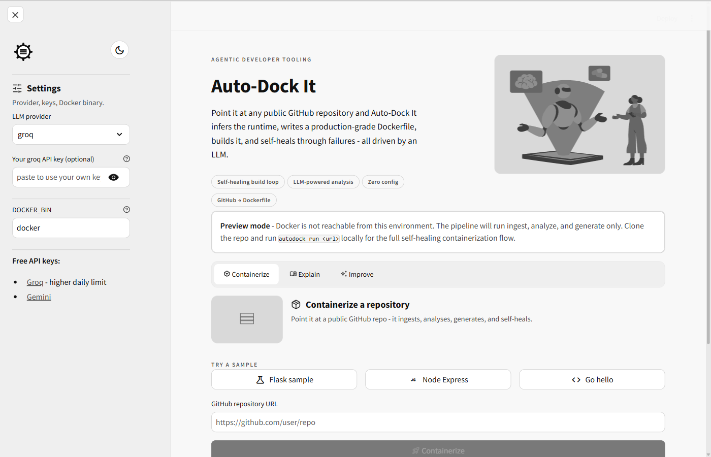 Auto-Dock It dashboard generating a production-grade Dockerfile for a GitHub repository, showing the Containerize, Explain and Improve tabs