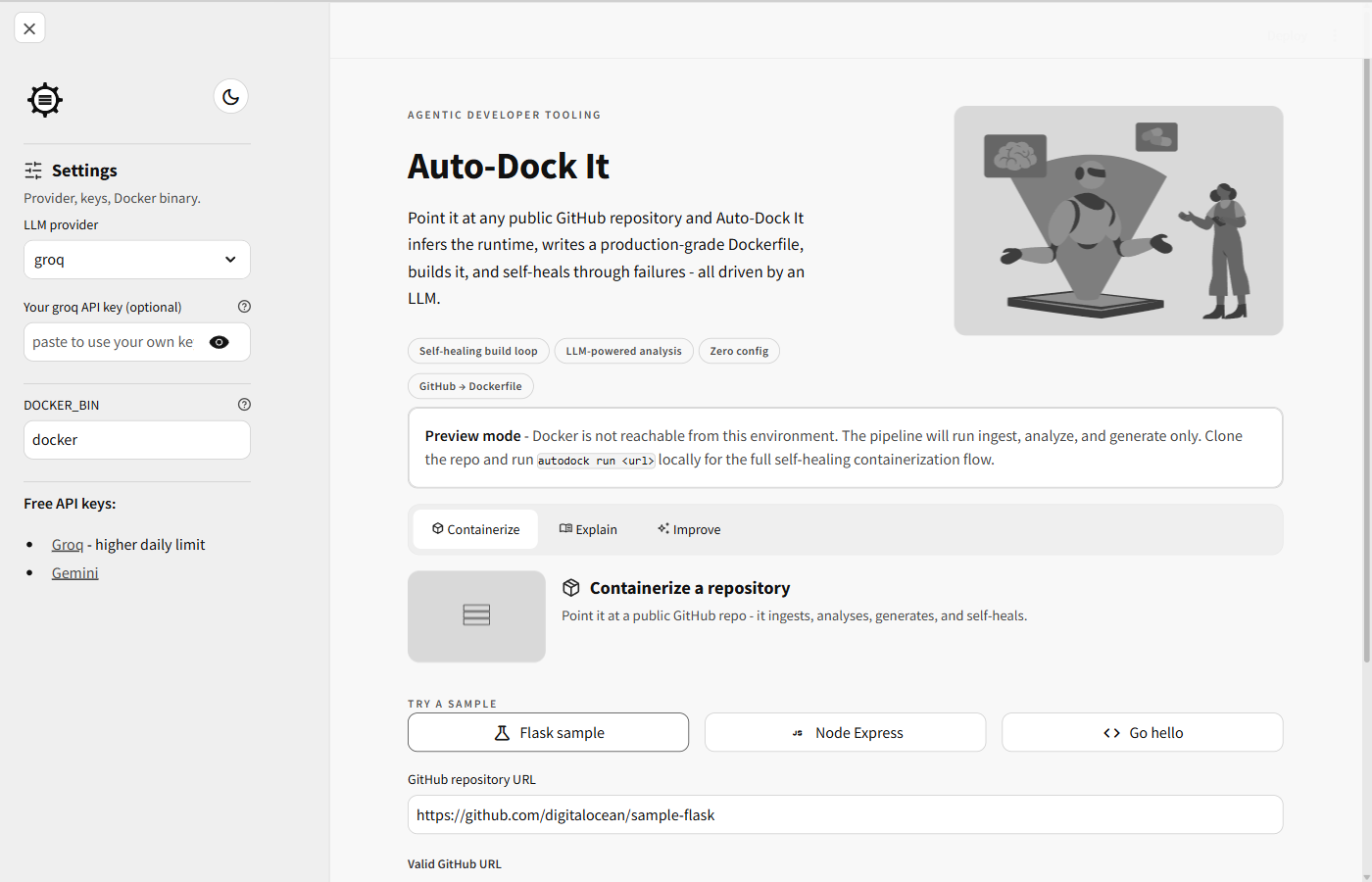 Auto-Dock It with a Flask sample repository selected and the URL validated, ready to containerize